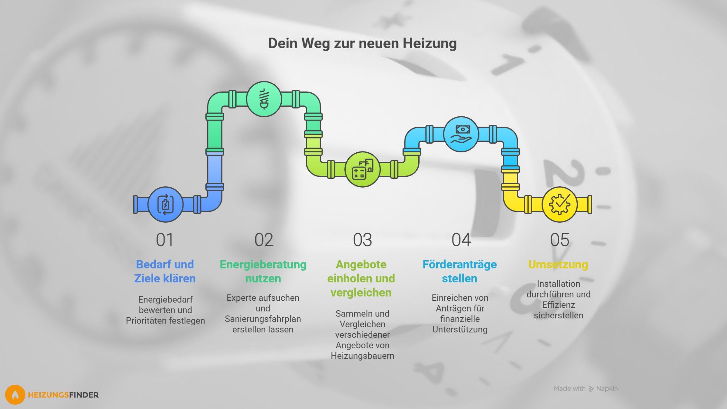 Heizung erneuern: Bunte Grafik in Heizungsrohr-Optik zeigt die 5 Schritte zu einer neuen Heizung.