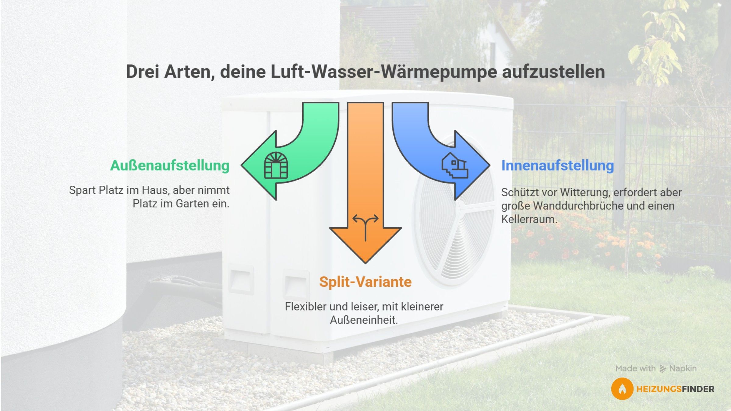 Farbige Illustration zeugt drei Arten der Aufstellung einer Luft-Wasser-Wärmepumpe. Im Hintergrund ein Foto einer Außeneinheit der Wärmepumpe vor einer Hauswand.